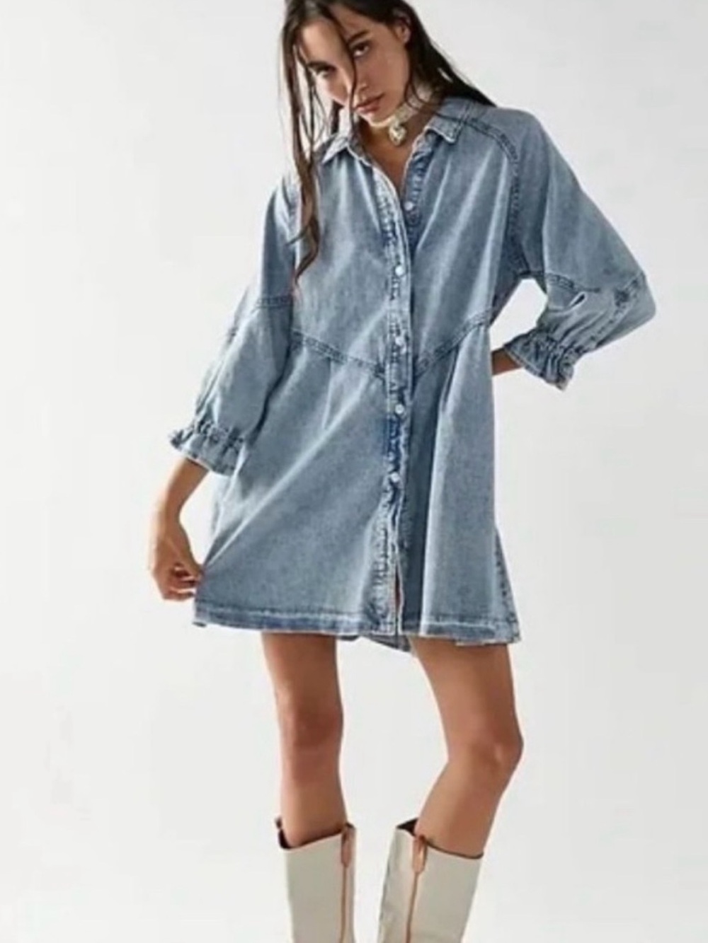 We The Free Hannah Denim Mini Dress - Light Blue